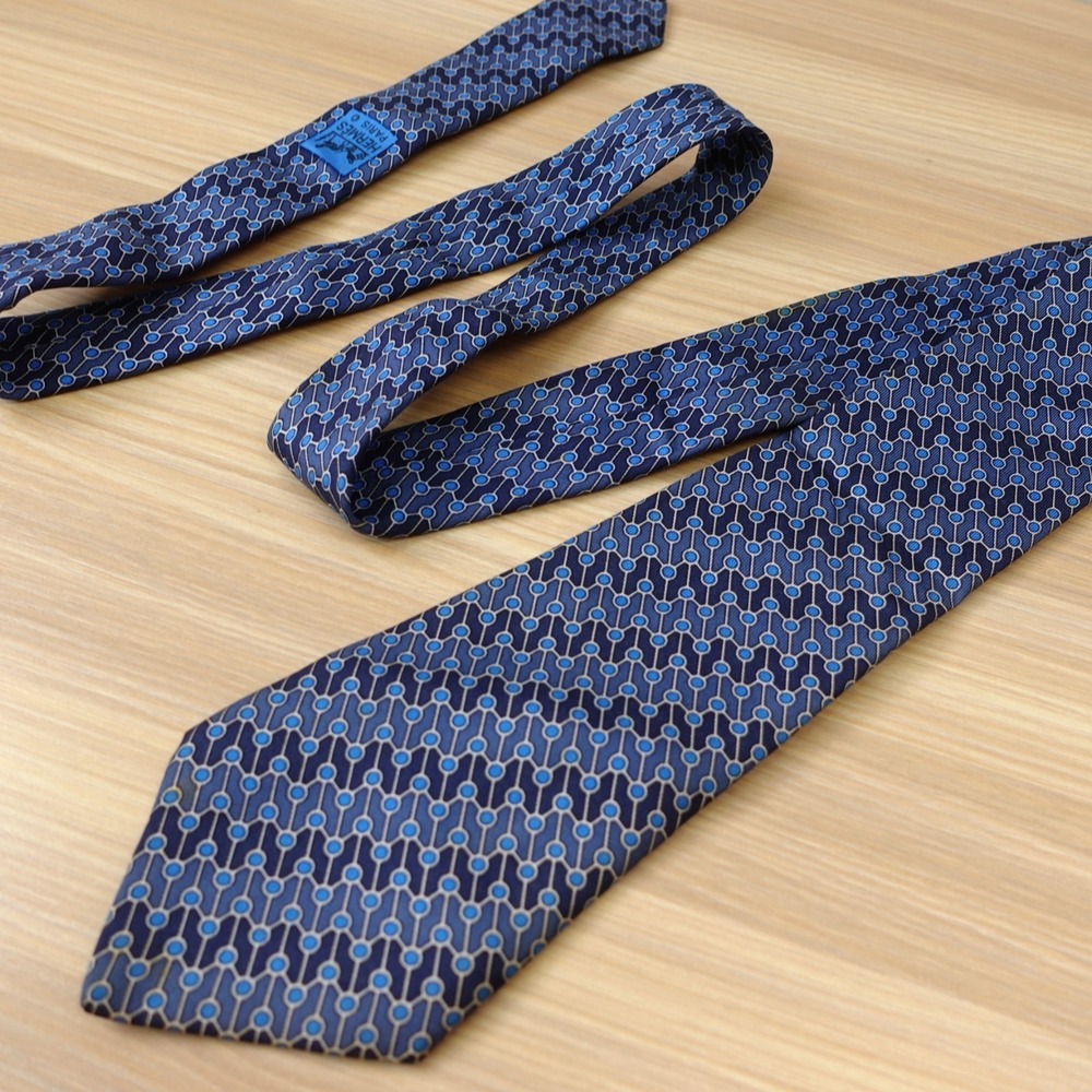Hermes Blue Tie Mens Chain Link Silk Atomic French Luxury Art Deco 7028 FRANCE